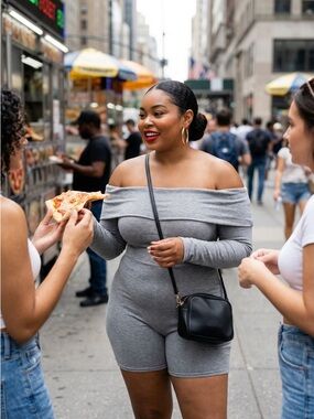 Fashion Nova Off-Shoulder Long Sleeve Romper in Gray